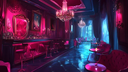 Velvet-lit cocktail lounge glowing with dreamy neon hues.