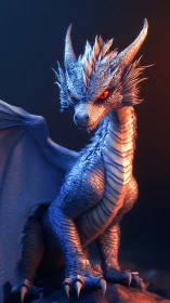 Blue-scaled dragon rendered in dramatic studio lighting.
