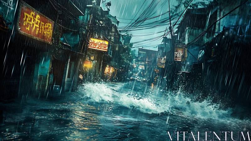 Urban monsoon flood surging through neon-lit backstreet.