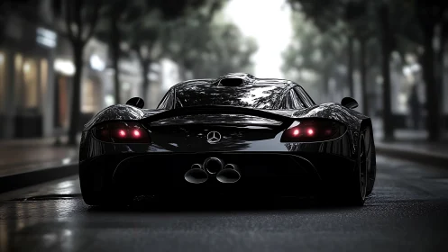 Midnight hypercar rear view on wet urban boulevard.