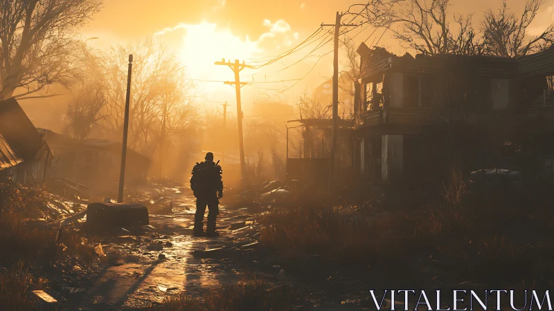 Lone armored figure walks through ruined street at sunset