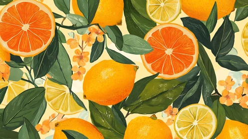 Citrus fruit pattern with lemons, oranges and leaves.