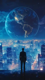 Silhouetted man surveys neon megacity beneath glowing Earth