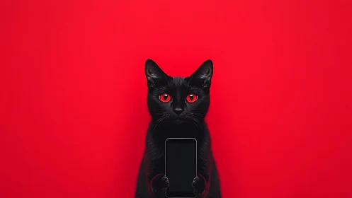Black Cat with Glowing Red Eyes Holds Dark Phone.
