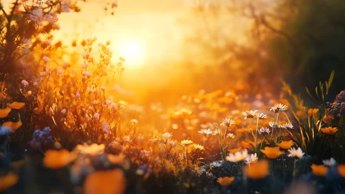 Wildflowers glow in intense backlit golden sunset field