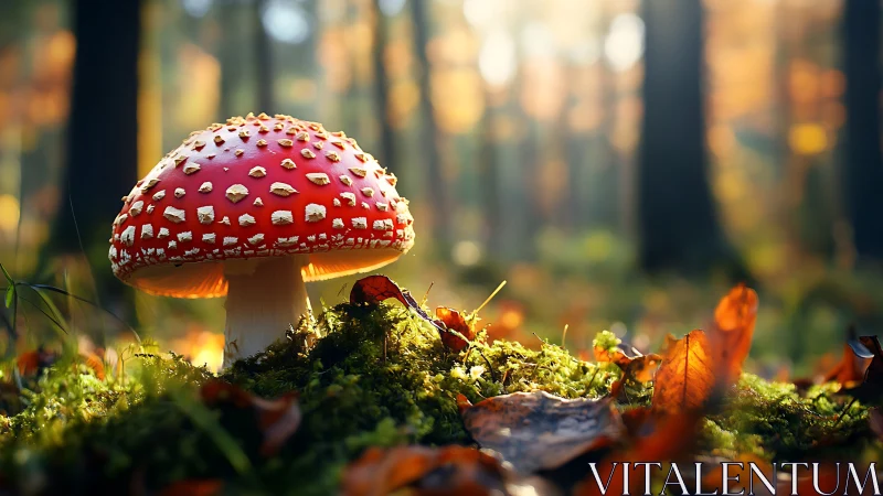 Fly agaric mushroom glows softly in a sunlit autumn forest.