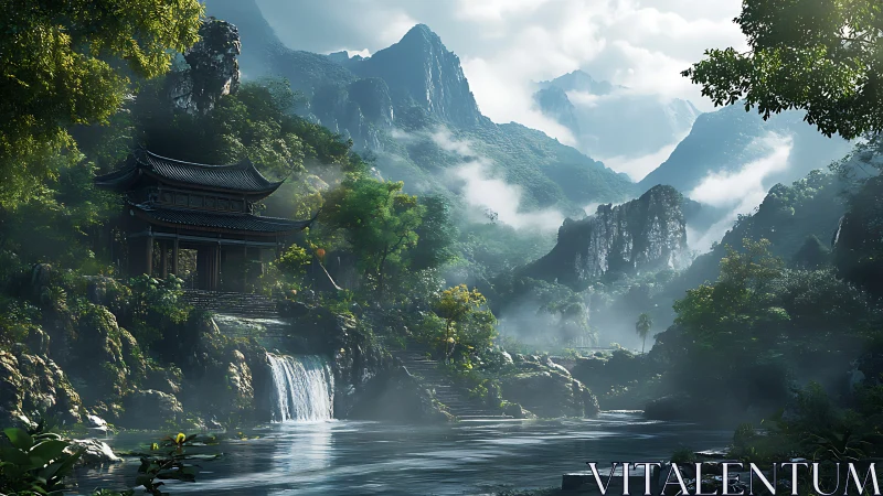 Mist-veiled mountain temple above crystalline waterfall basin.
