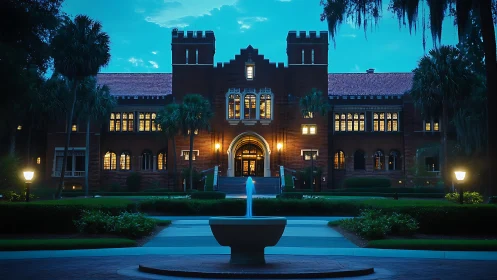 Illuminated campus hall glows warmly against the deep blue dusk