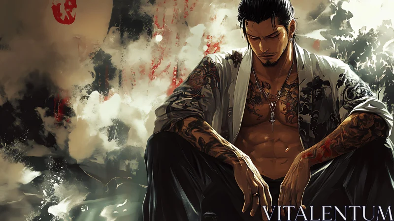 Tattooed male figure sits against diffuse abstract backdrop