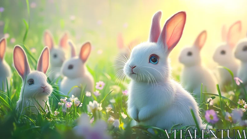 Cute white rabbits sit in bright meadow with soft sunlight.