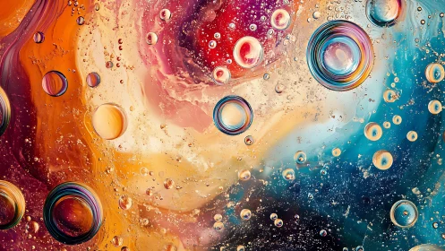Circular oil droplets intersect multicolor fluid background