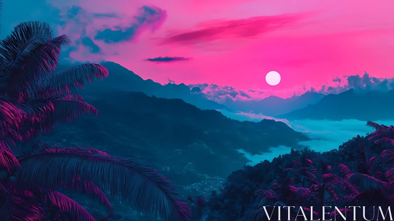 Neon gradient sky illuminates tropical mountain valley at sunset