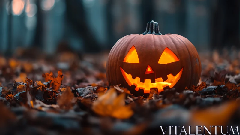 Glowing jack-o’-lantern illuminates autumn forest floor at dusk