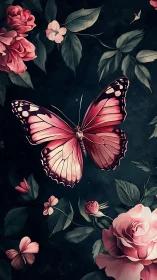 Midnight rose garden crowned by a luminous pink butterfly.