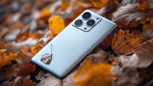 Sleek silver smartphone resting like treasure in autumn leaves.
