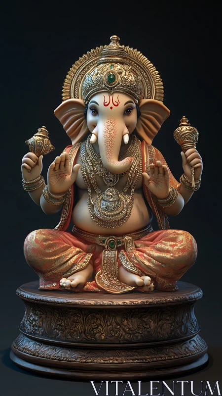 Golden Ganesha radiates serenity on jeweled lotus throne.