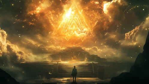 Ascendant traveler confronts blazing celestial triangle portal.