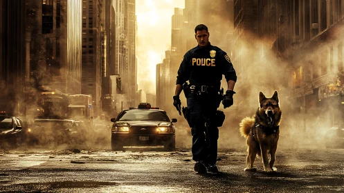 Police officer and K9 stride through smoky city street after chaos