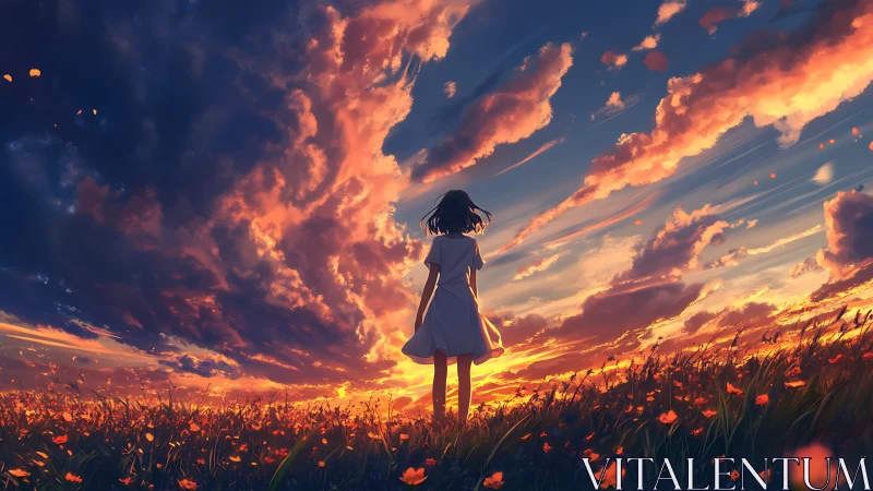Girl in white dress watching vivid sunset sky field.