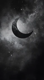 Silver crescent moon drifting through soft galactic clouds.