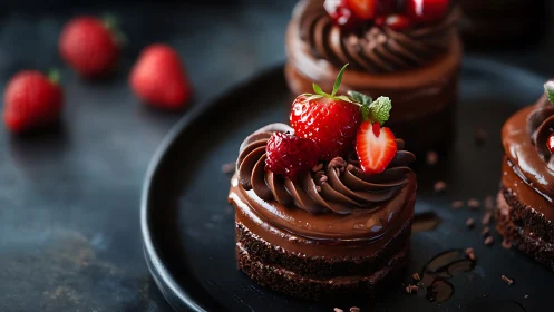 Chocolate mousse mini cakes with fresh strawberry garnish.