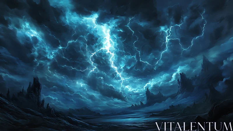 Electric night storm over a mysterious rocky horizon.