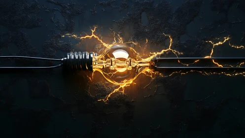 Electric idea bulb bridged by crackling golden current.