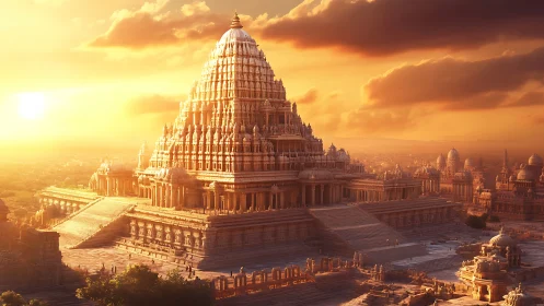 Tiered sandstone megatempel under volumetric sunset luminance.