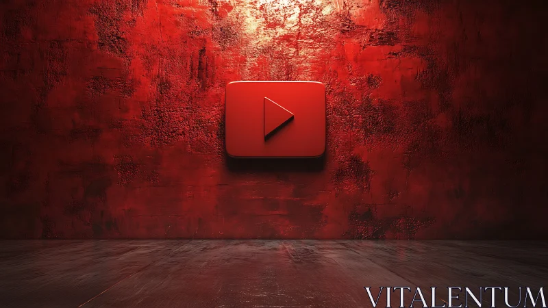 Play button altar in a glowing red concrete studio shrine.