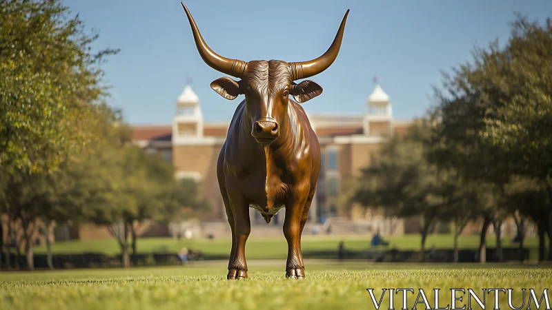 Bronze longhorn bull statue on university campus lawn.