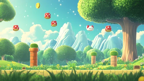 Sunny coin and mushroom adventure brightens a playful valley