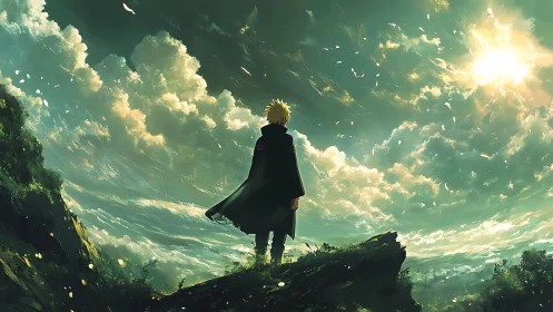 Solitary cloaked figure gazes toward a radiant storm sky.