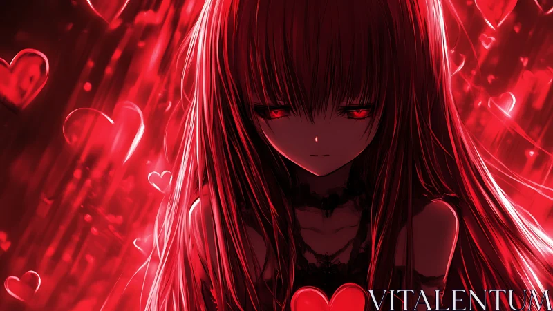 Red-lit anime girl stands amid glowing heart motifs