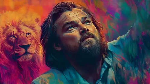 Vivid digital portrait with lion under neon dream sky.