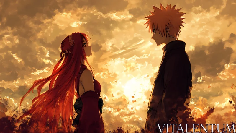 Sunlit anime couple silhouetted in glowing amber clouds.