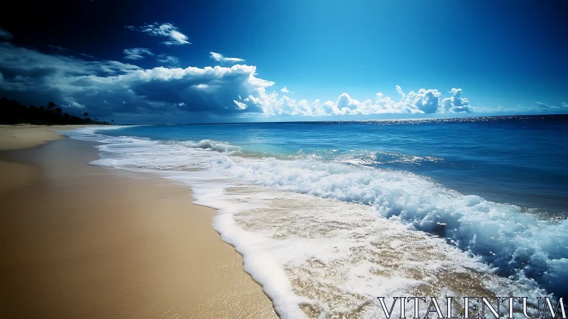 Sunlit surf curls gently along a dream-bright sapphire shore