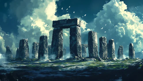 Ancient stone circle rises quietly beneath storm-bright clouds