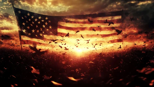 American Flag Dissolving into Fiery Apocalyptic Sky.