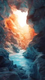 Sunlit ice cave passage with warm and cool contrast.