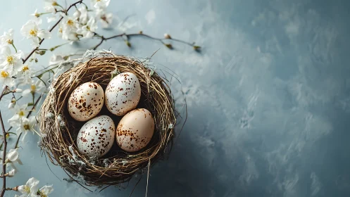 Speckled bird eggs in straw nest on blue textured surface.
