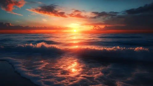 Sunset tides ignite the horizon in molten ocean light.
