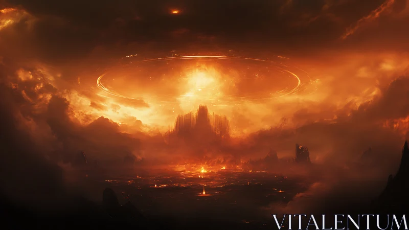 Fiery apocalyptic landscape with glowing central vortex