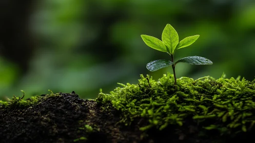 Young Green Seedling Growing in Lush Moss, Nature Macro Photography.