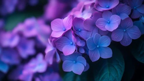 Purple Hydrangea Blooms Under Neon Glow.