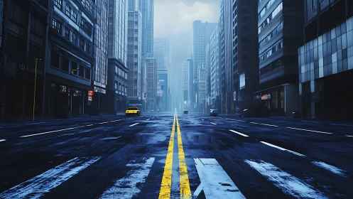 Yellow lines whisper through a rainy blue city canyon