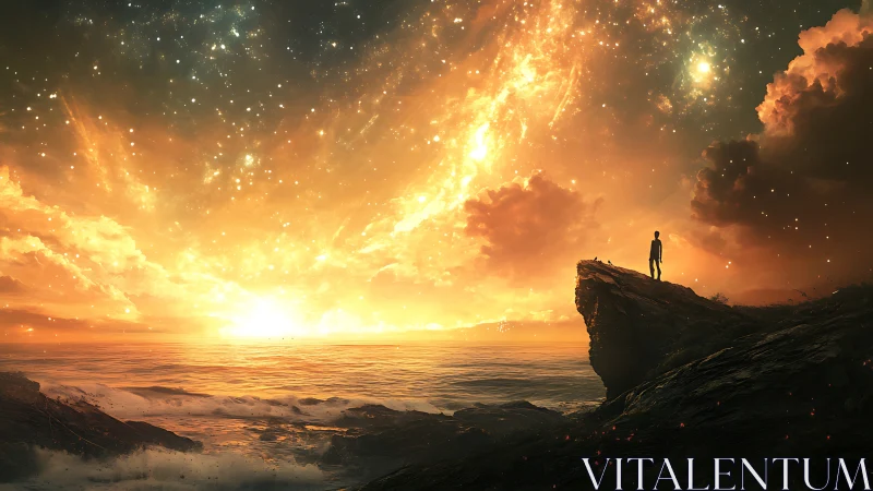 Solitary figure studies apocalyptic seascape under stellar blaze