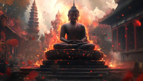 Serene Buddha statue meditates amid blazing temple flames.