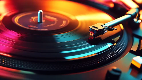 Vinyl record spins under neon studio turntable lighting.