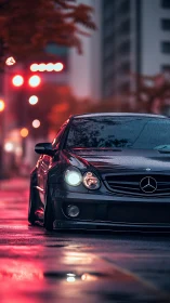 Sleek black Mercedes glowing against rainy city lights.
