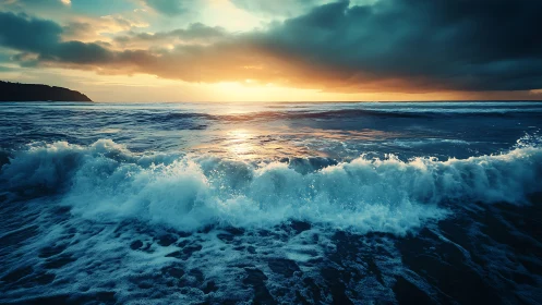 Sunset waves break dynamically under dense coastal storm clouds